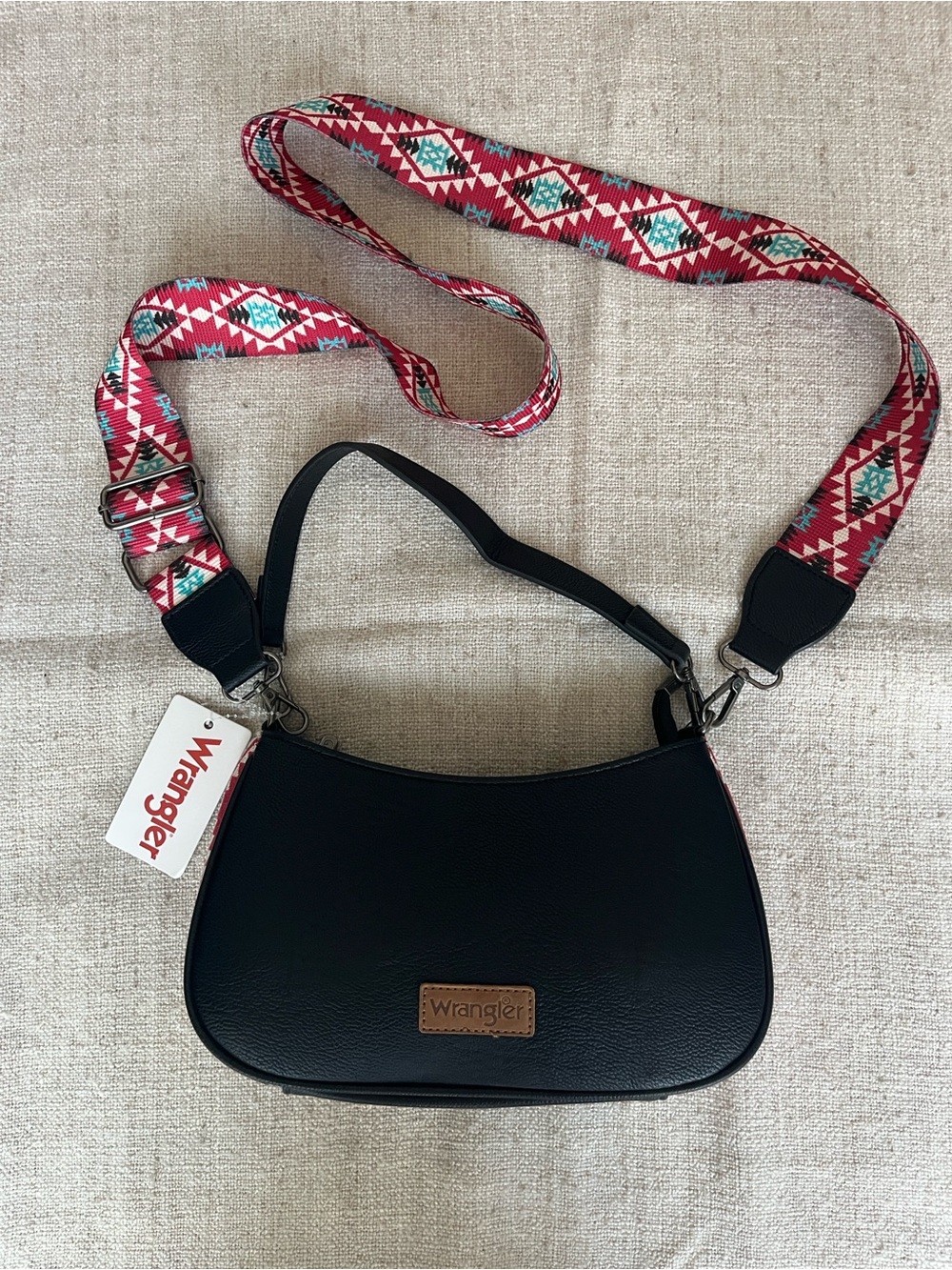 Wrangler Black Crossbody with Red/Pink Patterned Strap